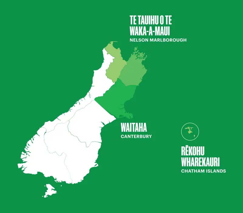 Map of regions where Rātā works in that includes Nelson Marlborough, Canterbury and Chatham Islands