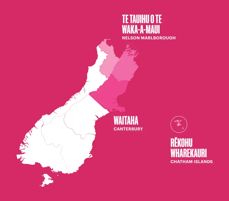 Map of regions where Rātā works in that includes Nelson Marlborough, Canterbury and Chatham Islands